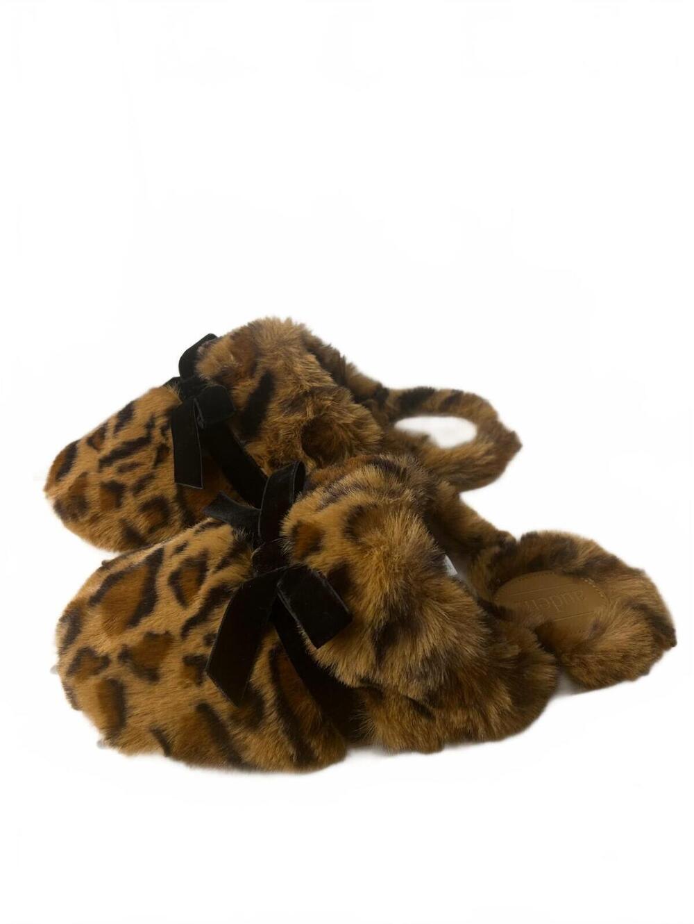 Women's Faux Fur Leopard Print Slippers with Black Velvet Bow, Size XL NWOT